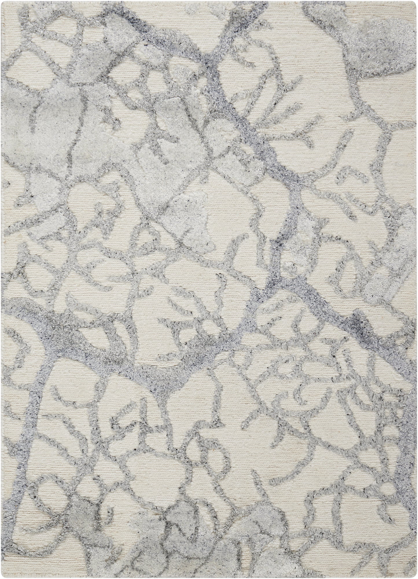 Cream rug with gray branching pattern and soft shag texture; modern organic design.