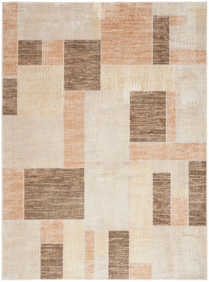 Rectangular rug with patchwork geometric blocks in cream, peach, and brown; modern muted color palette, medium pile.