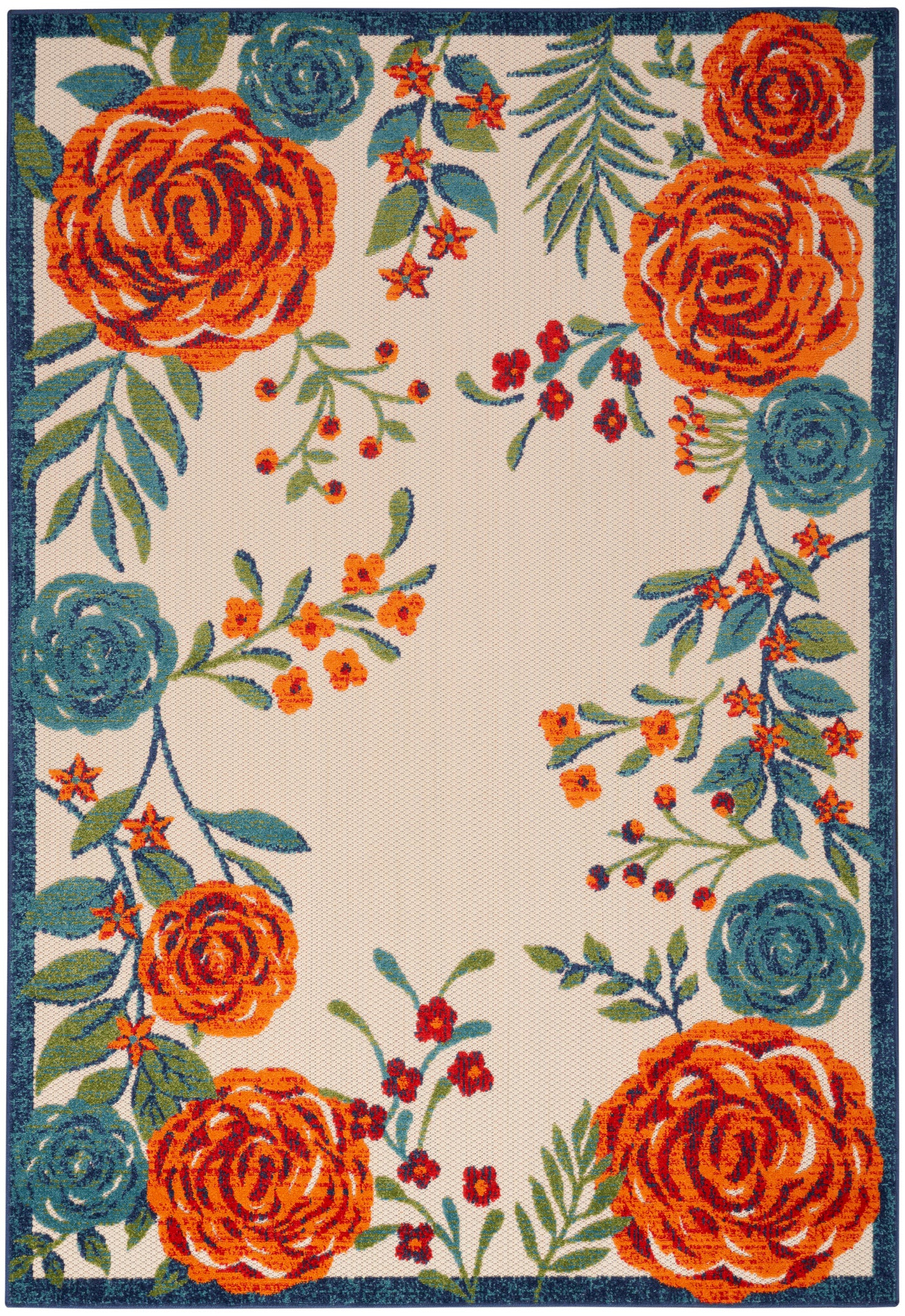 Rectangular floral outdoor rug featuring bright orange roses, teal blooms, and green leaves on cream with a navy border.