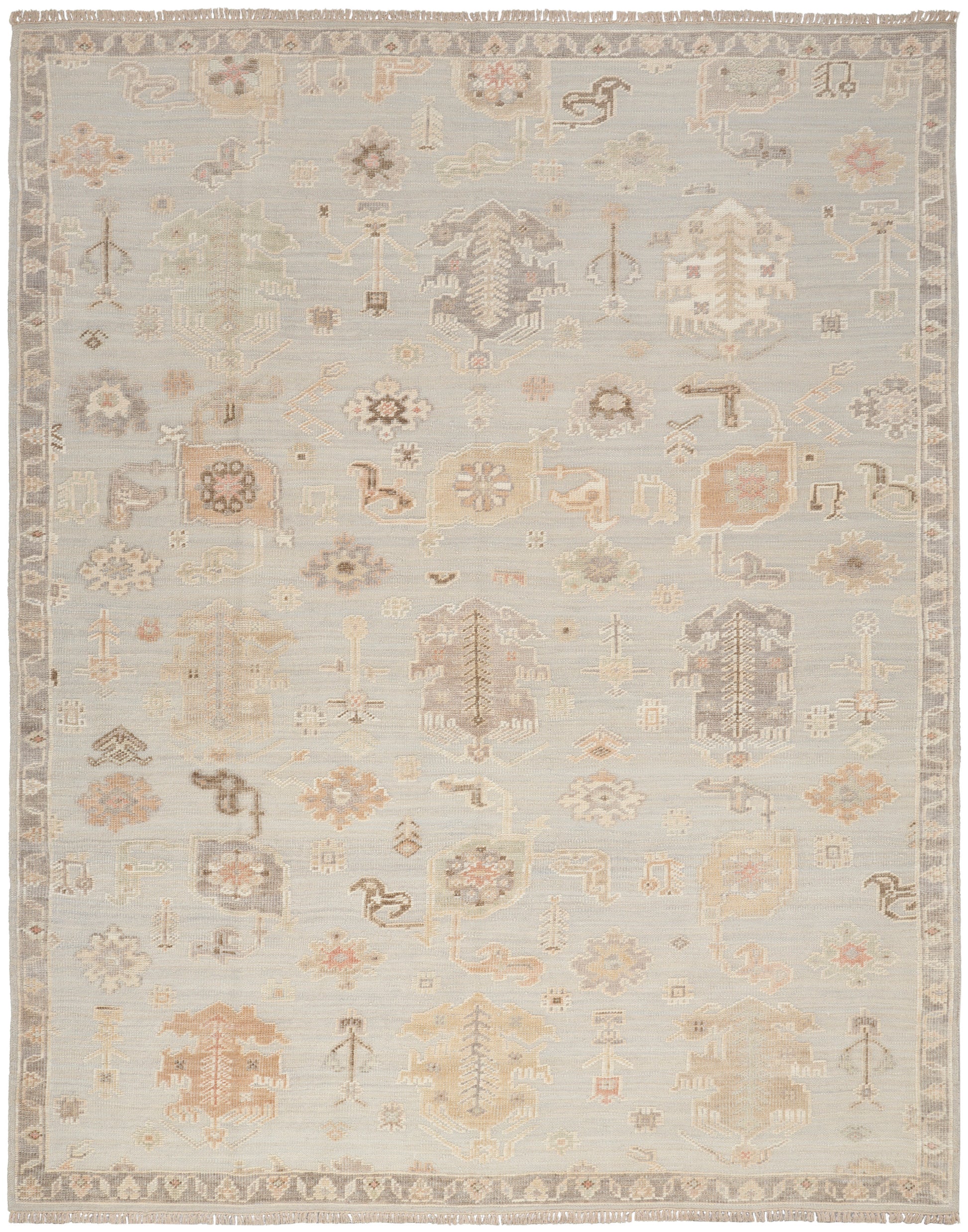 Rectangular, muted pastel traditional rug with pale gray-beige field, ivory, blush and taupe motifs and a decorative border.