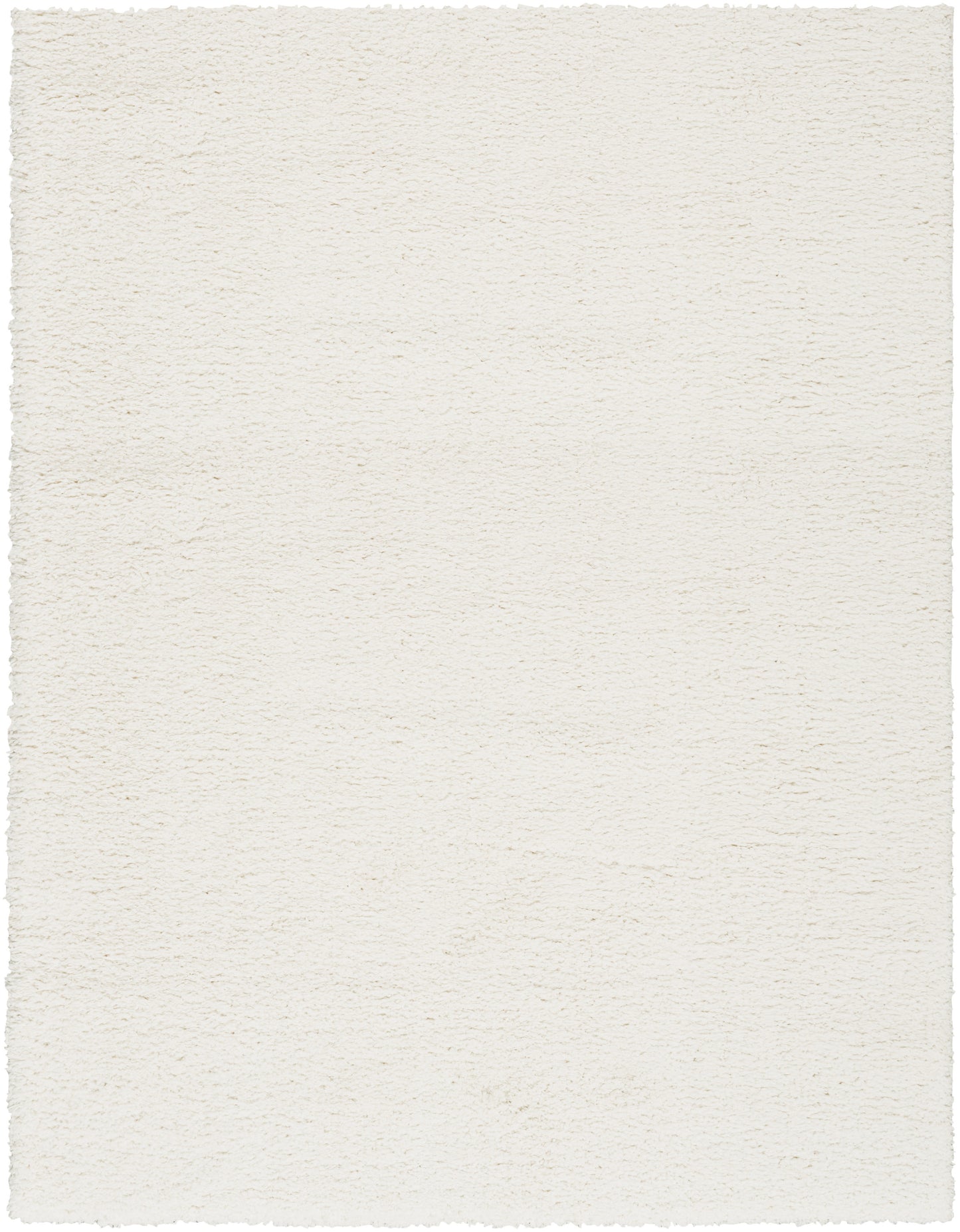 Cream textured shag rug with soft ivory pile and ragged edges; ideal for living room or bedroom.
