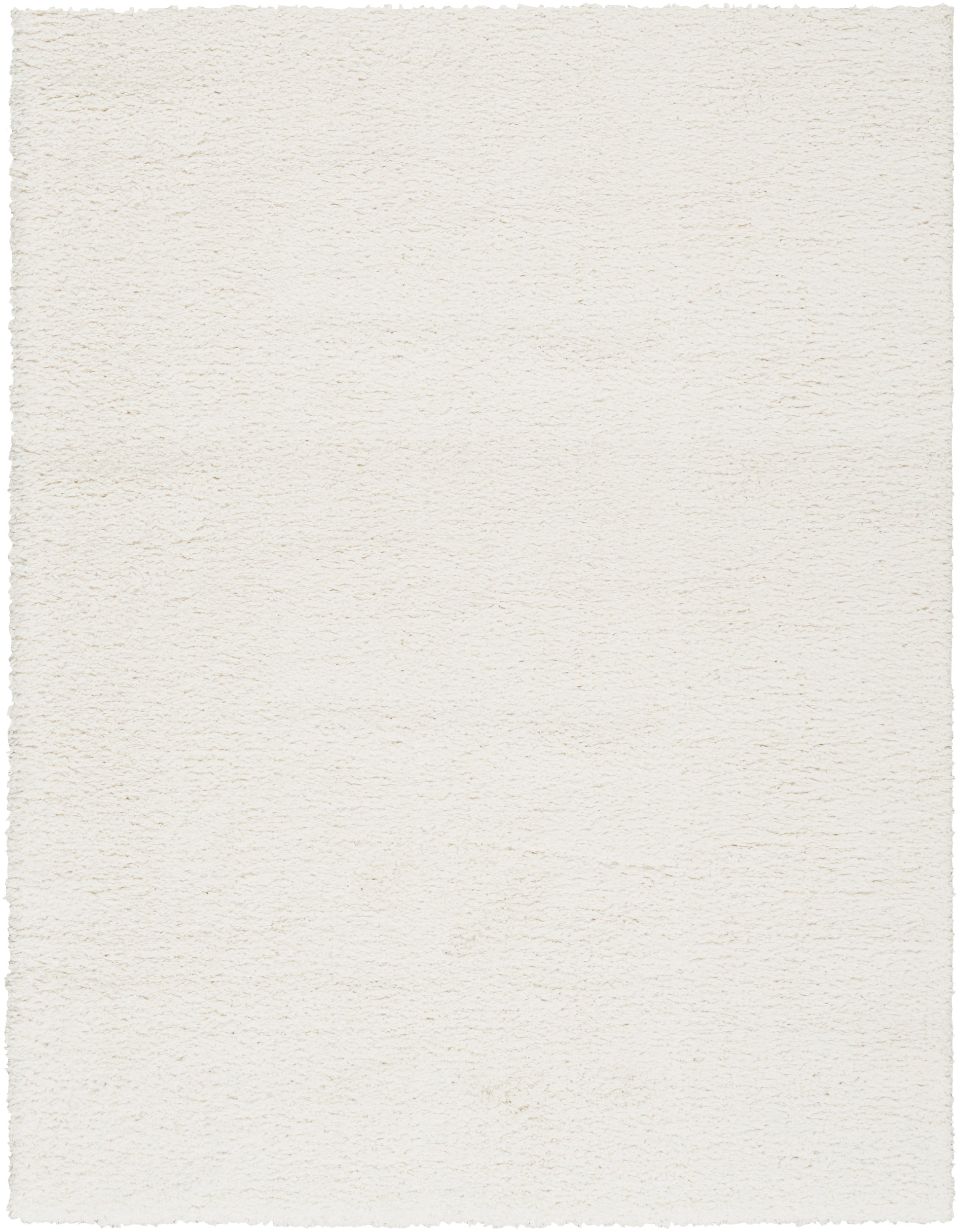 Cream textured shag rug with soft ivory pile and ragged edges; ideal for living room or bedroom.