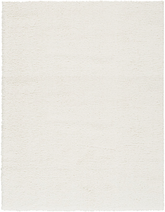 Cream textured shag rug with soft ivory pile and ragged edges; ideal for living room or bedroom.