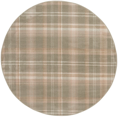Round plaid rug in beige, taupe and gray with tartan pattern; cozy home decor accent.