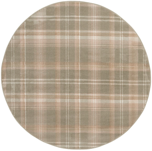 Round plaid rug in beige, taupe and gray with tartan pattern; cozy home decor accent.