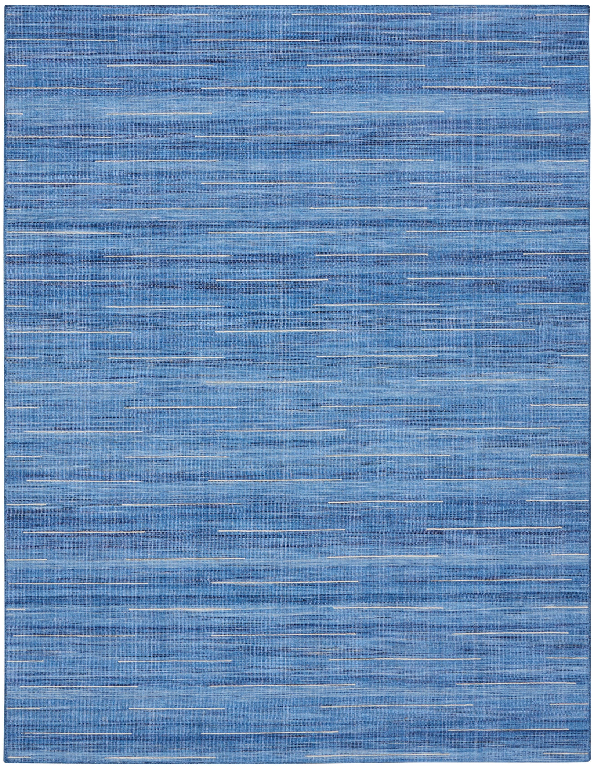 Blue flat-weave rug with subtle white dashed lines; rectangular, modern, versatile for living rooms.