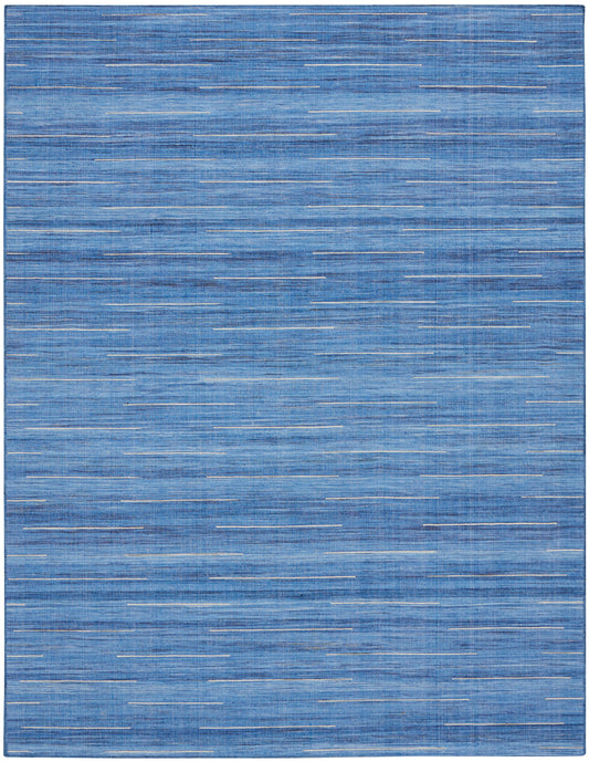 Blue flat-weave rug with subtle white dashed lines; rectangular, modern, versatile for living rooms.