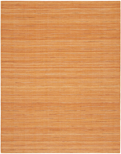 Rectangular orange woven rug with subtle horizontal stripes and natural fiber texture.