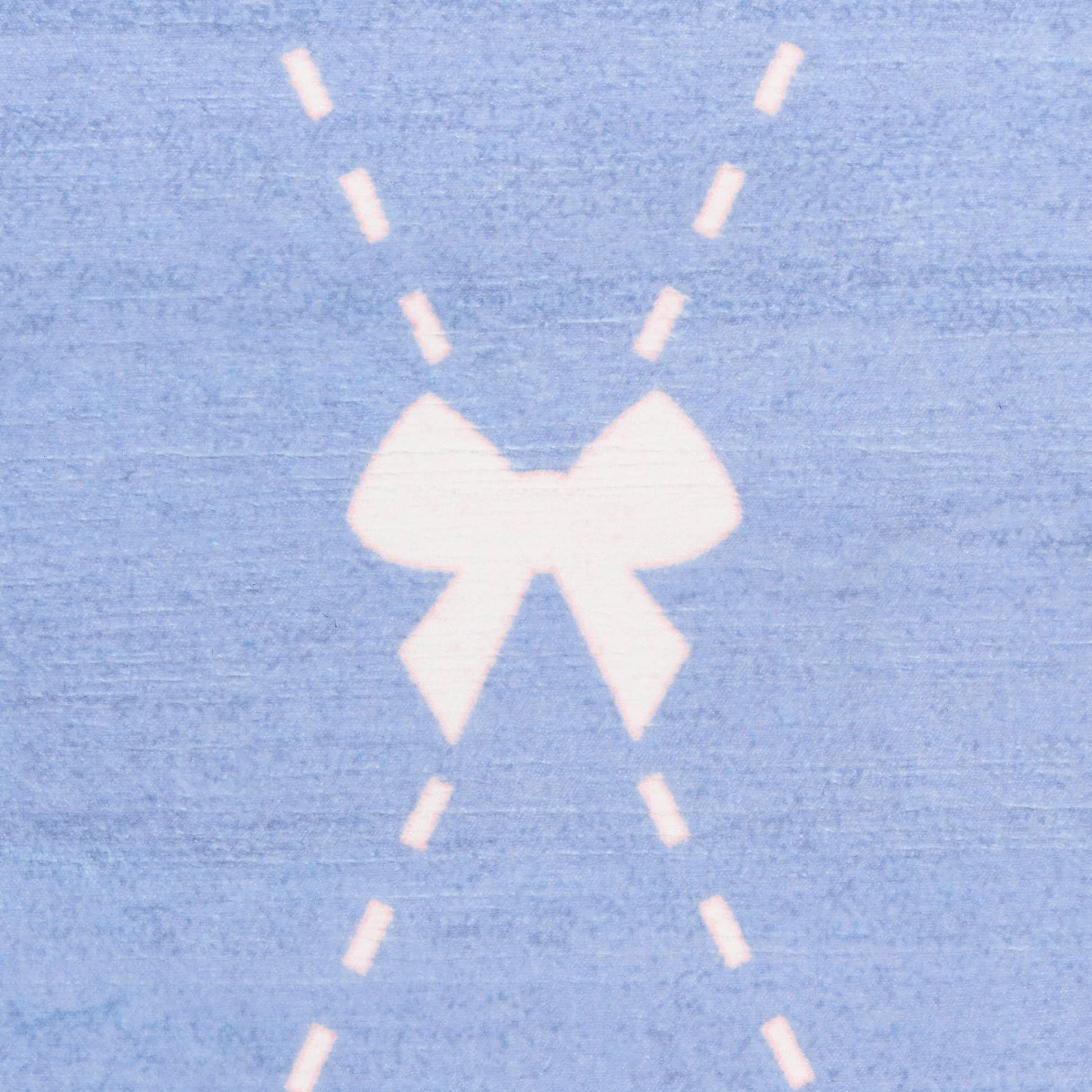 Light blue textured fabric backdrop with white bow silhouette and dashed diagonal lines forming an X behind it.