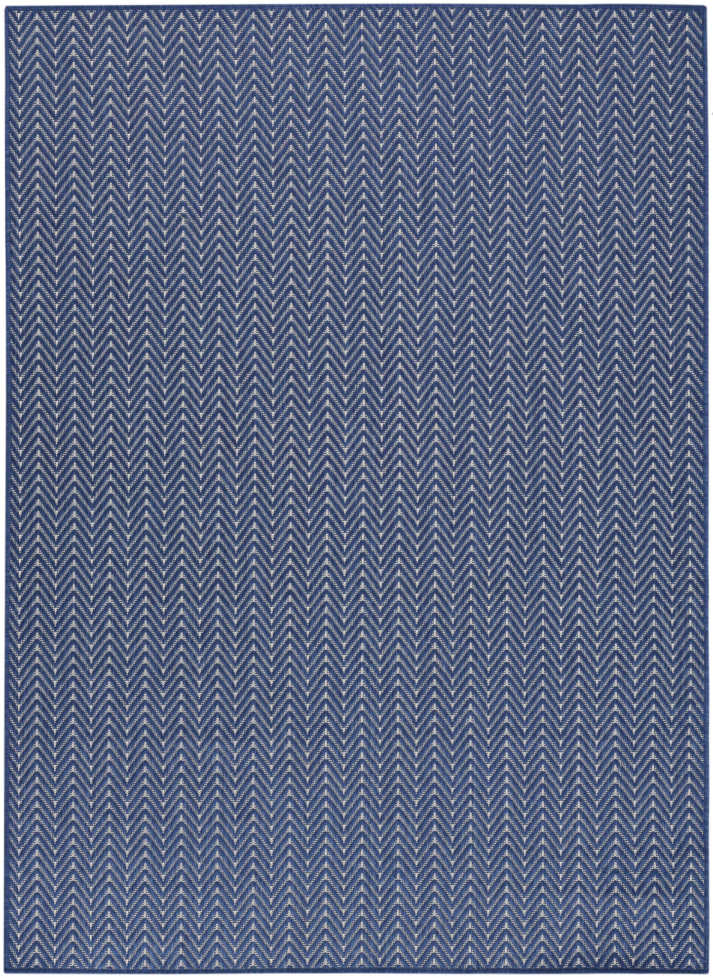 Navy blue rug with white chevron zigzag pattern; rectangular woven textile with modern geometric style.