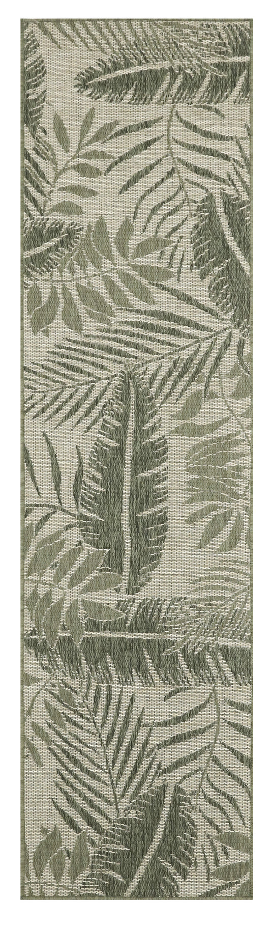 Narrow botanical print fabric with olive-green palm leaves on beige background; tropical, versatile for drapes or upholstery.