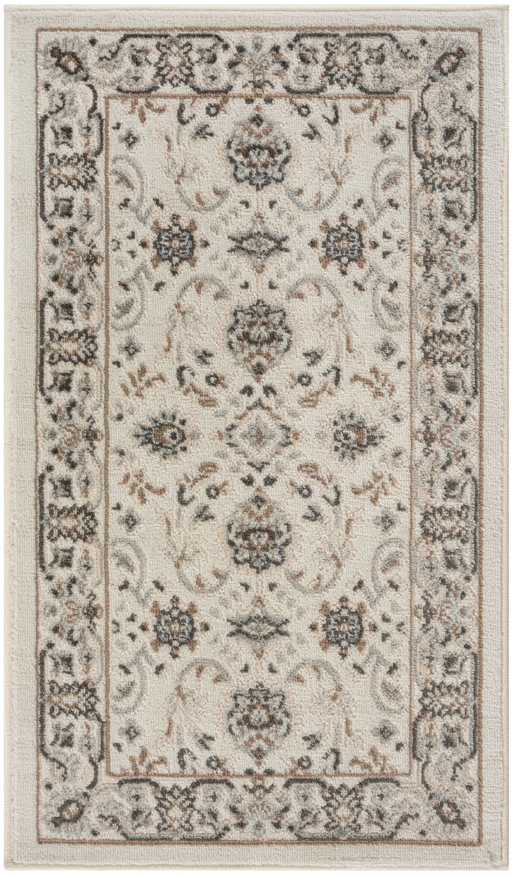 Rectangular cream oriental rug with brown-gray floral medallions and decorative border; vintage style; 2' x 4'.
