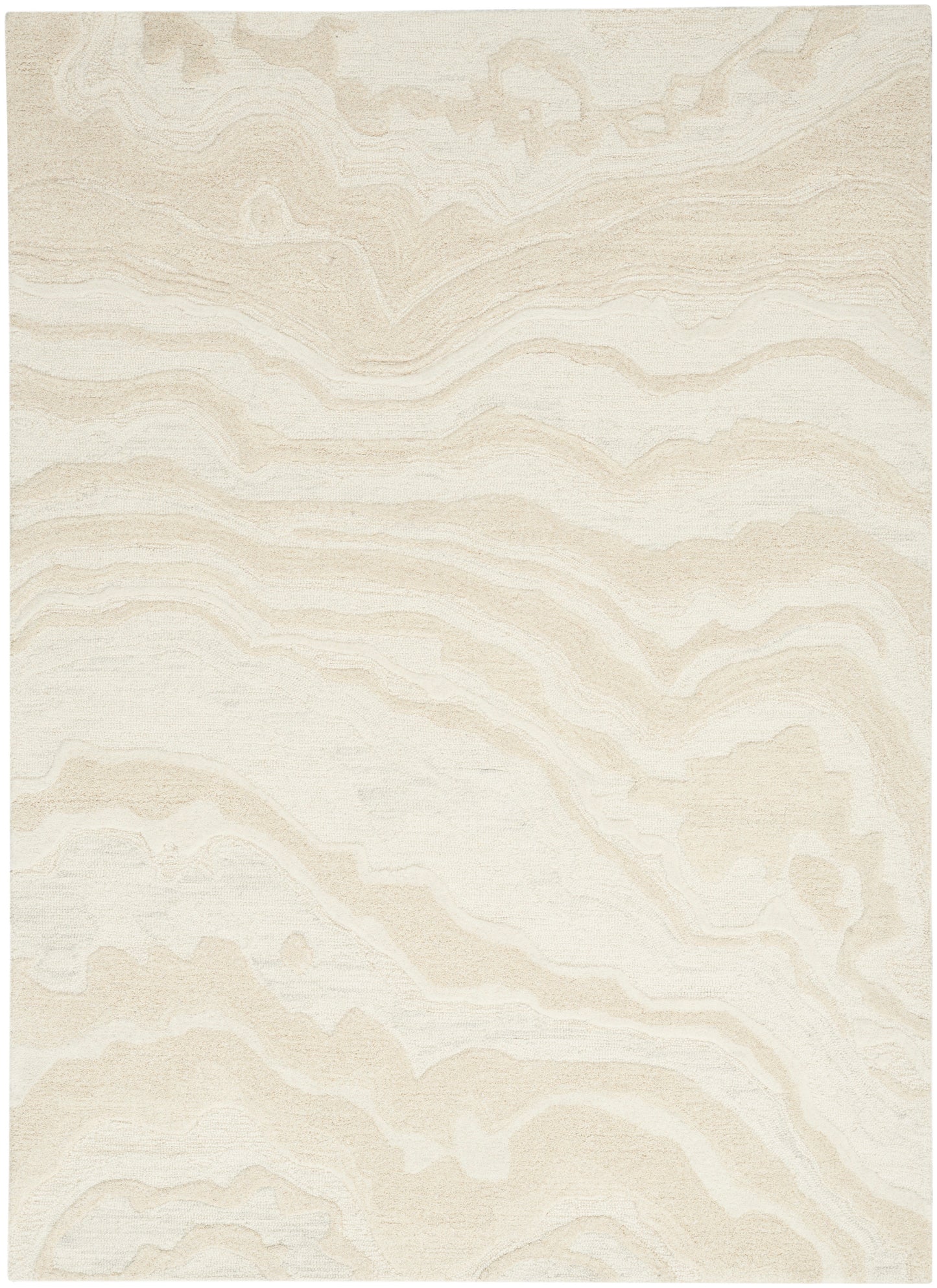 Soft beige area rug with cream marbled wavy pattern and a textured surface.