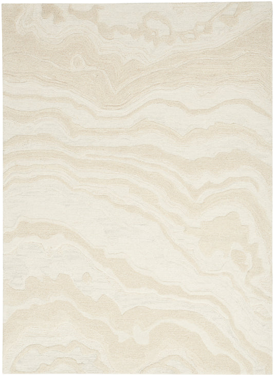 Soft beige area rug with cream marbled wavy pattern and a textured surface.