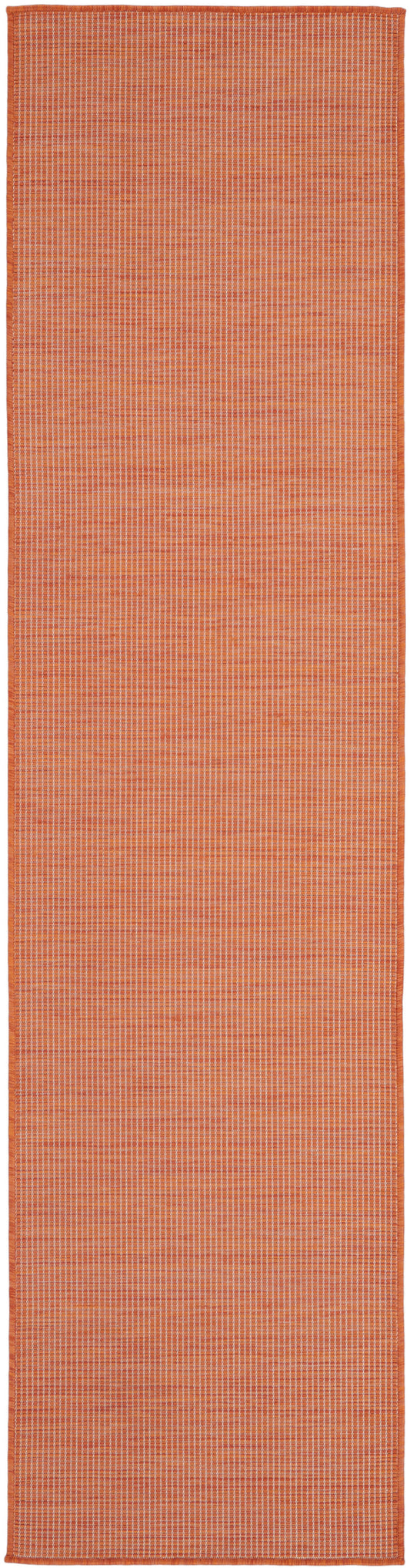 Orange woven runner rug with thin white grid lines and stitched border.