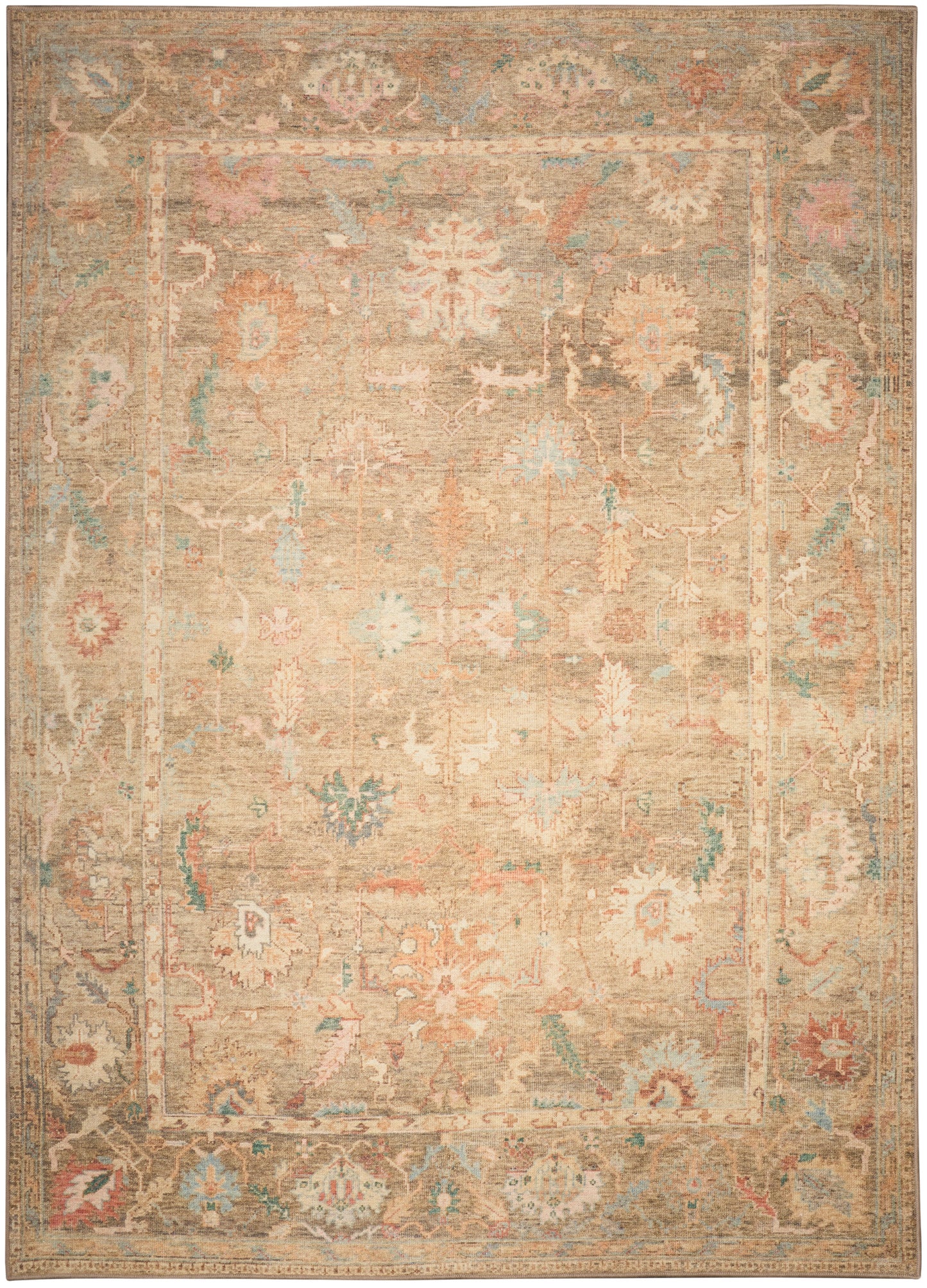 Rectangular beige vintage oriental area rug with faded floral motifs in ivory, pale blue and coral.