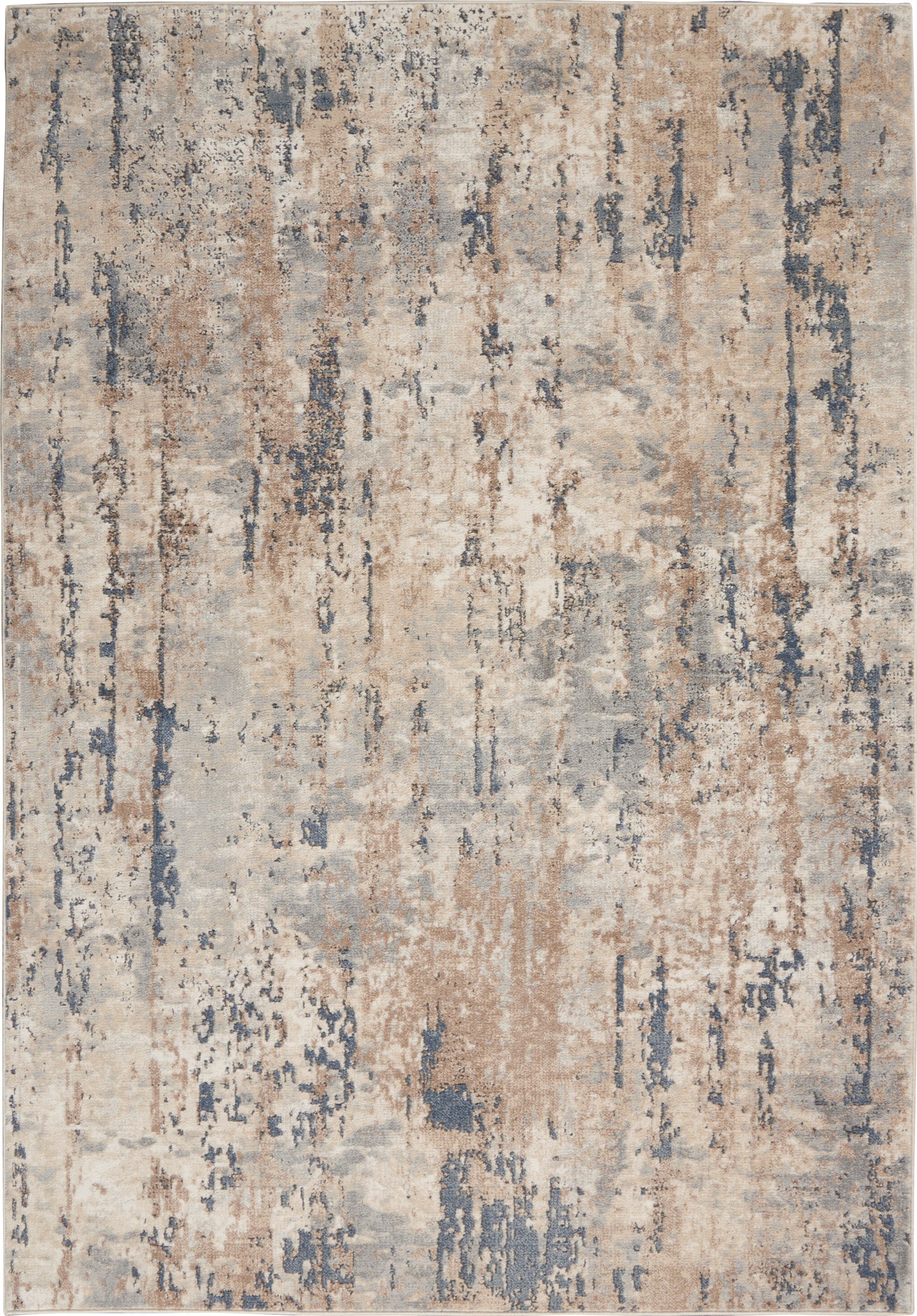 Rectangular area rug with abstract distressed pattern in beige, tan, ivory and blue-gray tones; soft pile, modern decor.