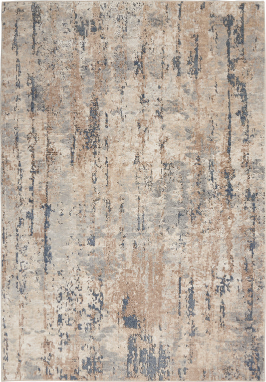 Rectangular area rug with abstract distressed pattern in beige, tan, ivory and blue-gray tones; soft pile, modern decor.