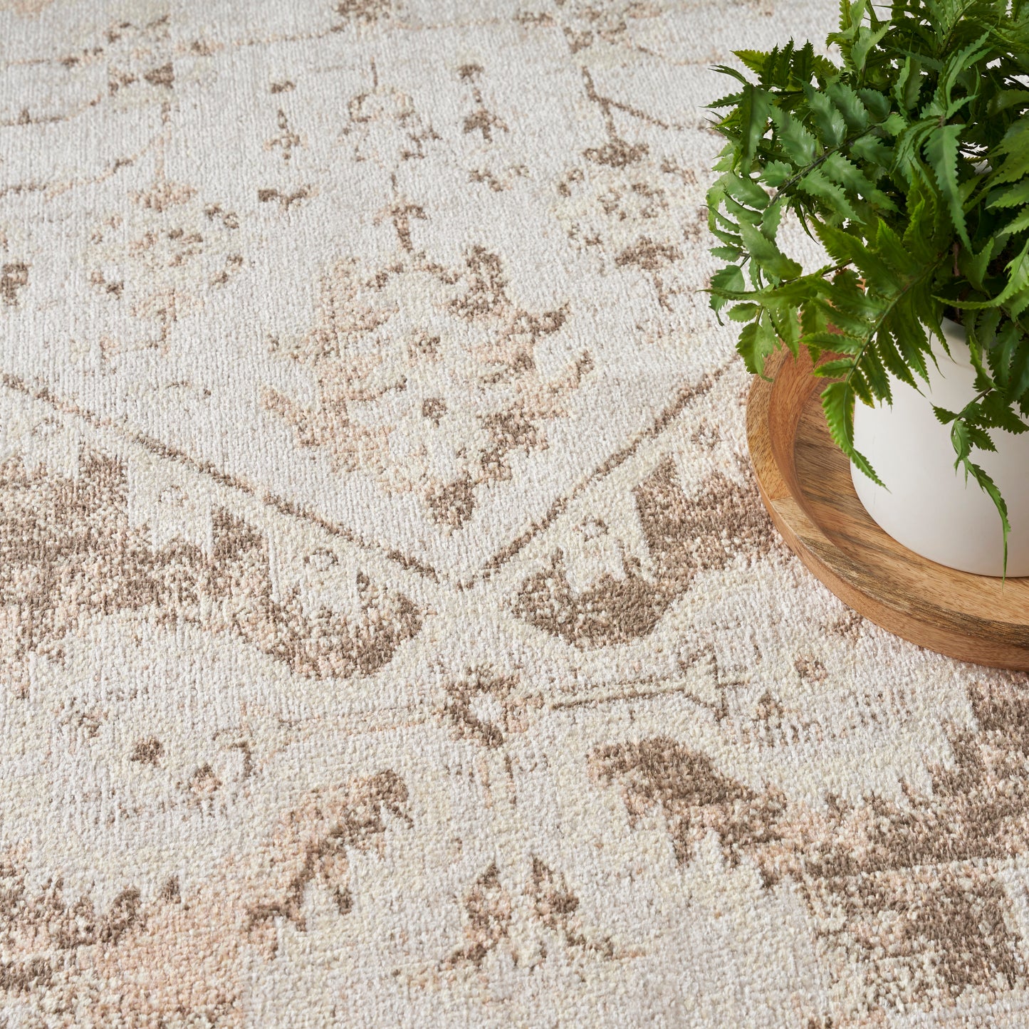 Beige distressed area rug with brown abstract motif; white planter with green fern sits on round wooden tray.