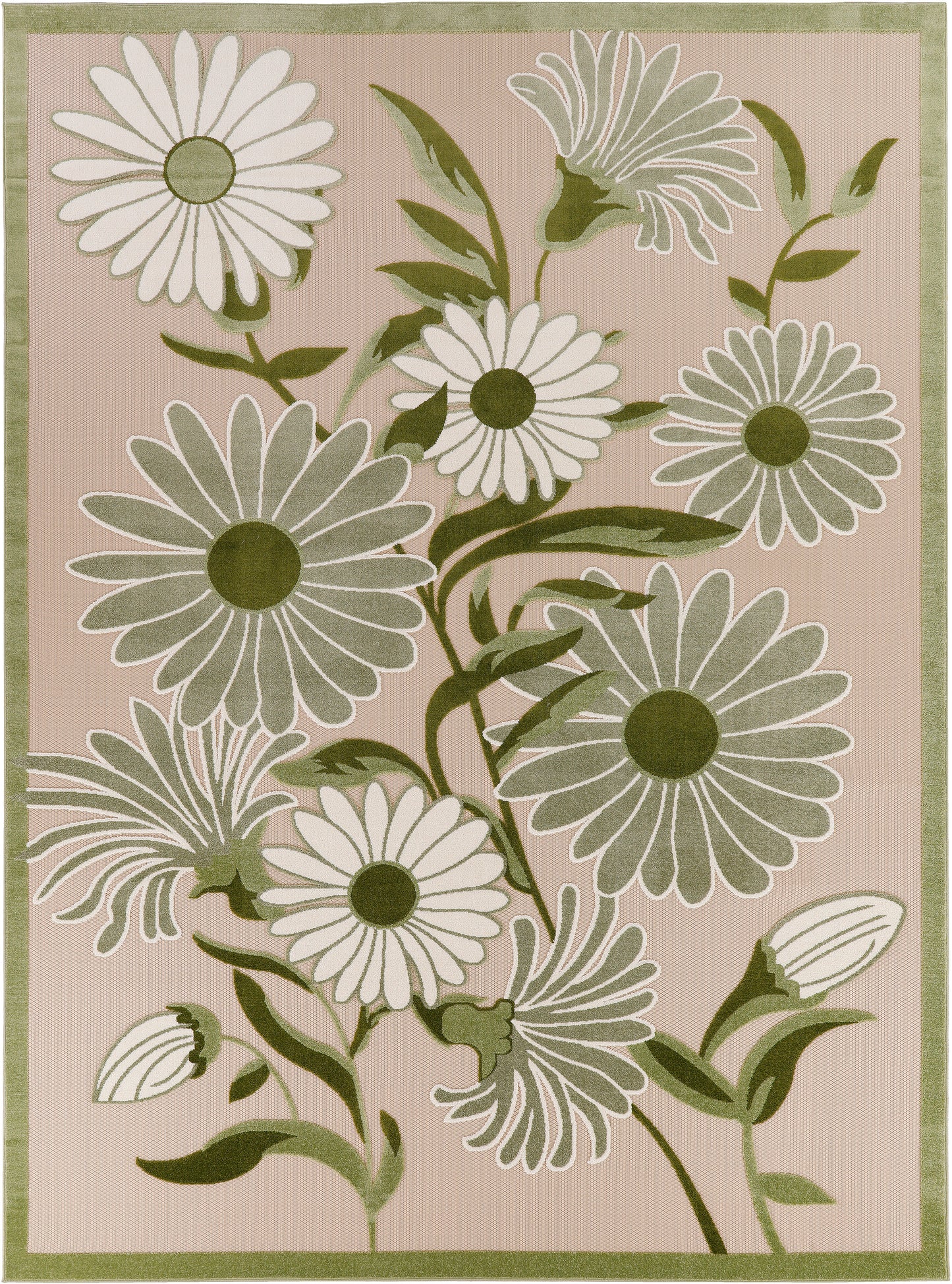 Pink-beige outdoor rug with large white daisies, olive-green centers, green stems, and an olive border.