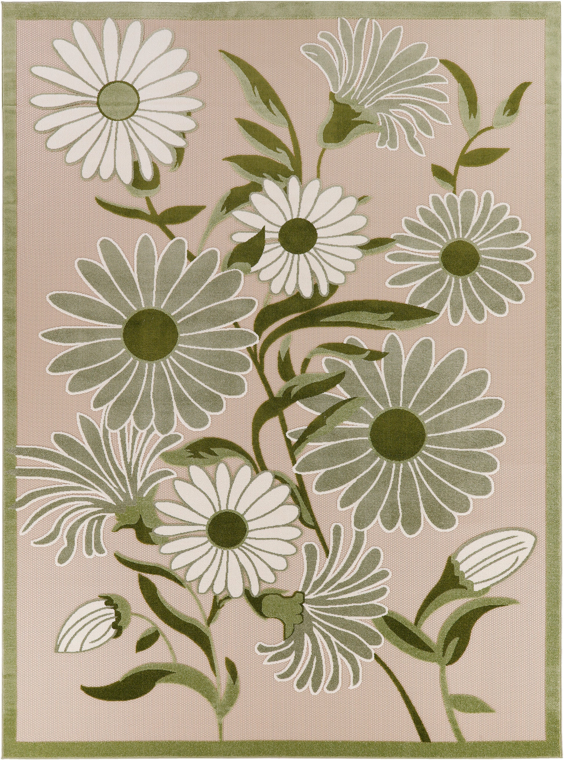 Pink-beige outdoor rug with large white daisies, olive-green centers, green stems, and an olive border.