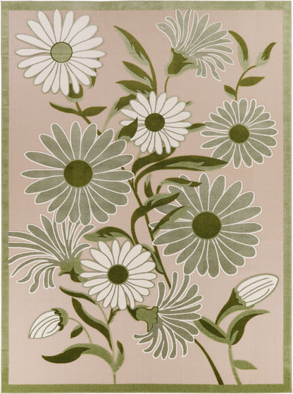Pink-beige outdoor rug with large white daisies, olive-green centers, green stems, and an olive border.
