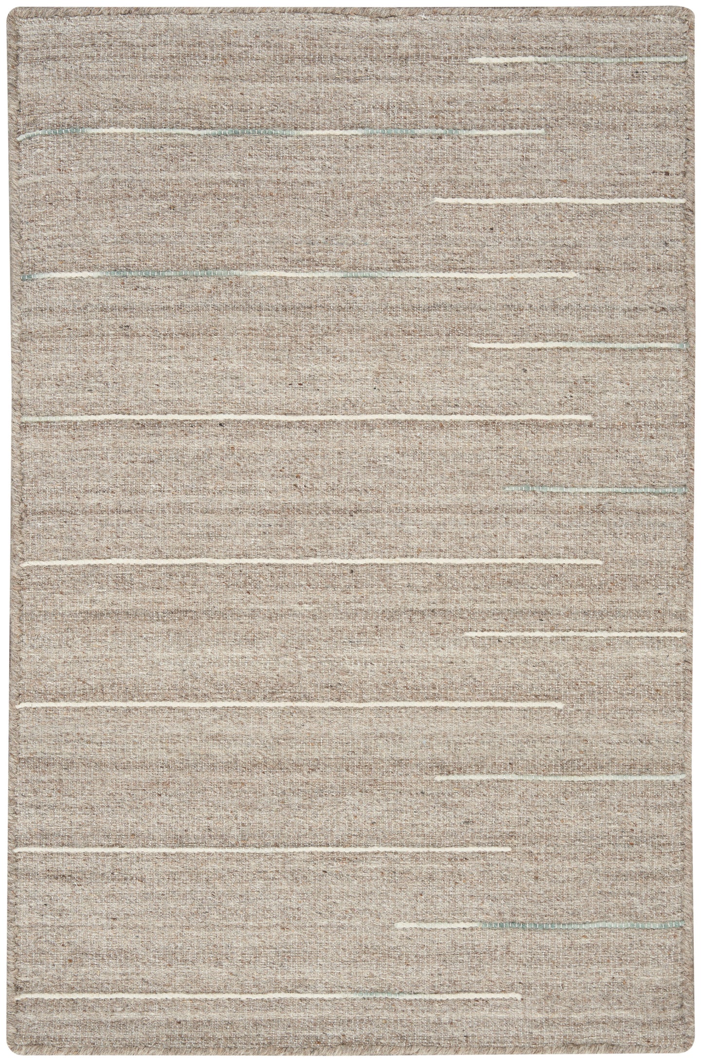 Beige flat-weave rug with thin white horizontal lines and subtle blue accents.