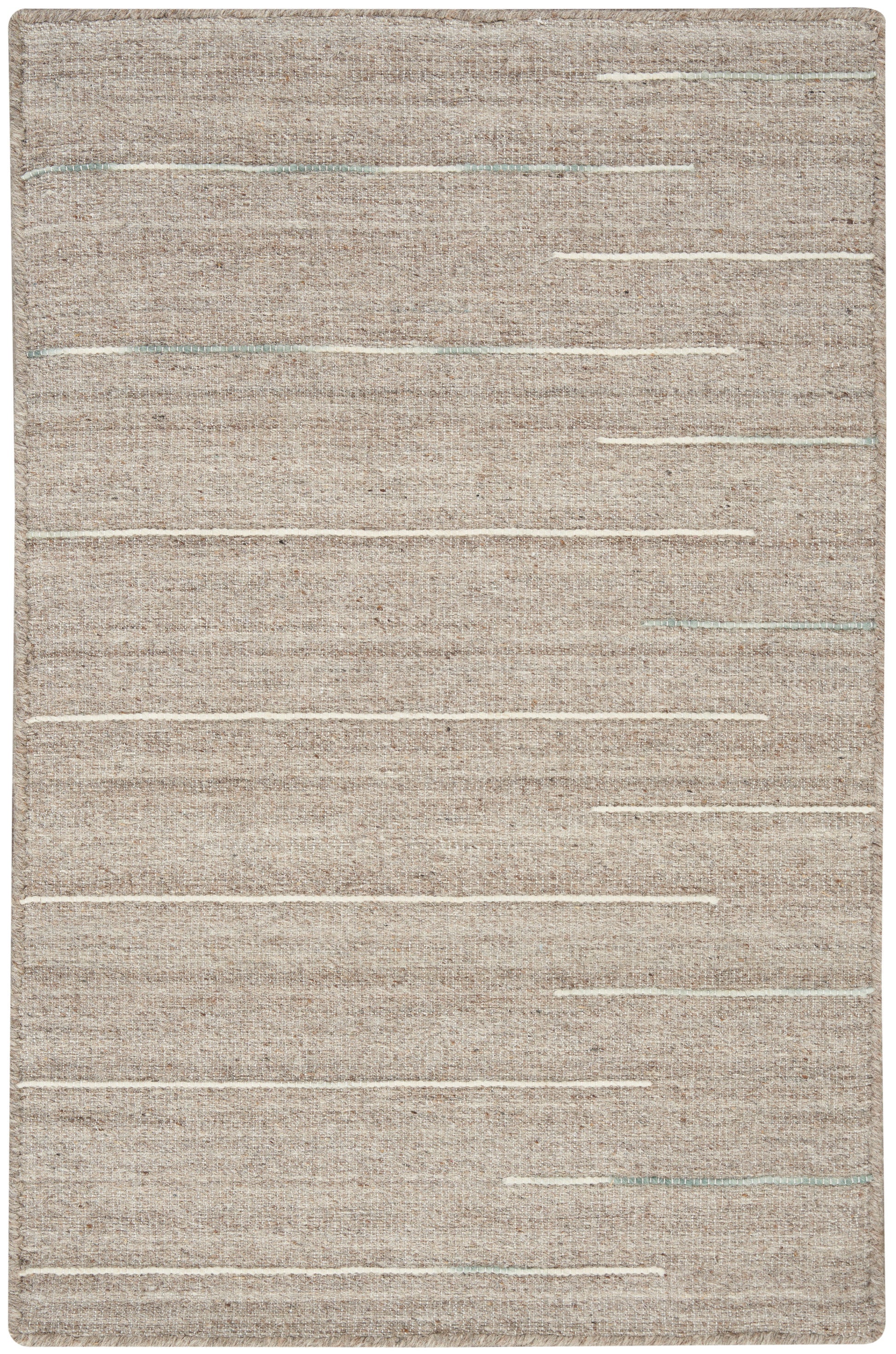 Beige flat-weave rug with thin white horizontal lines and subtle blue accents.