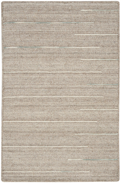 Beige flat-weave rug with thin white horizontal lines and subtle blue accents.