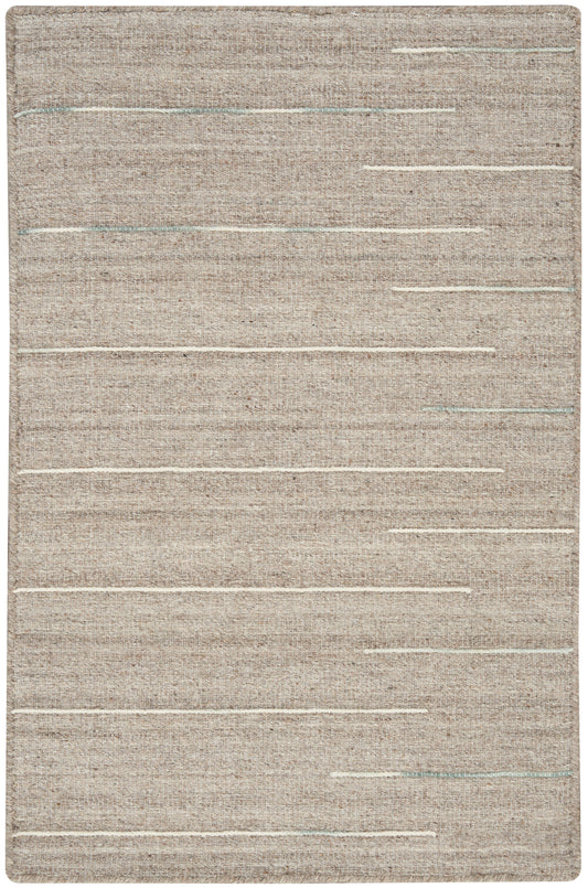 Beige flat-weave rug with thin white horizontal lines and subtle blue accents.