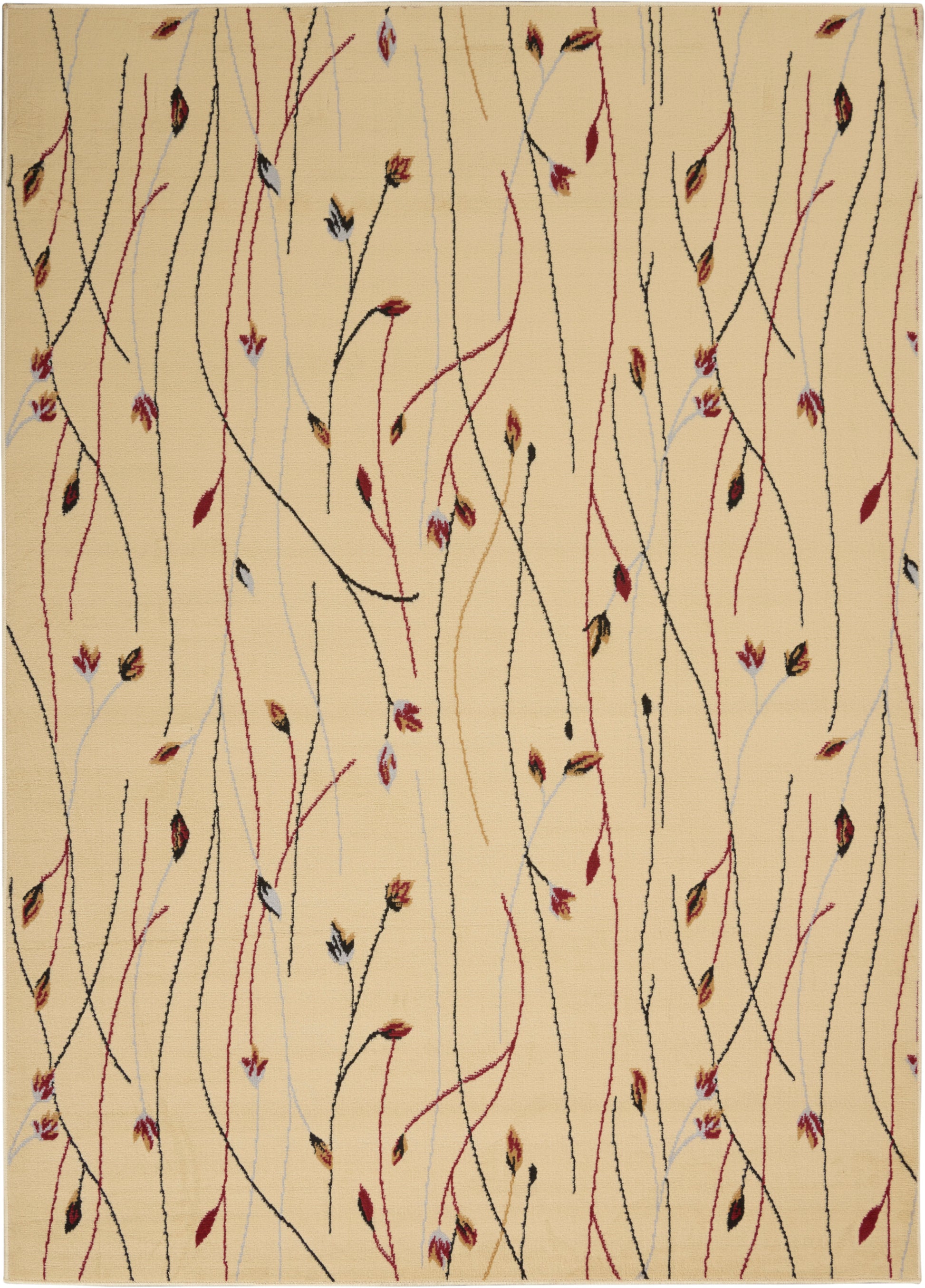 Beige woven rug with sinuous black, red, and pale-blue vertical lines and small leaf accents.