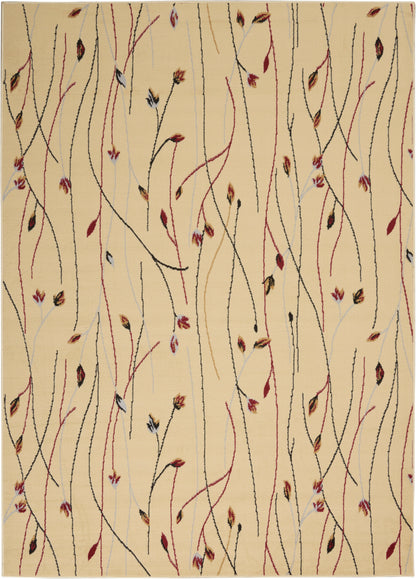 Beige woven rug with sinuous black, red, and pale-blue vertical lines and small leaf accents.