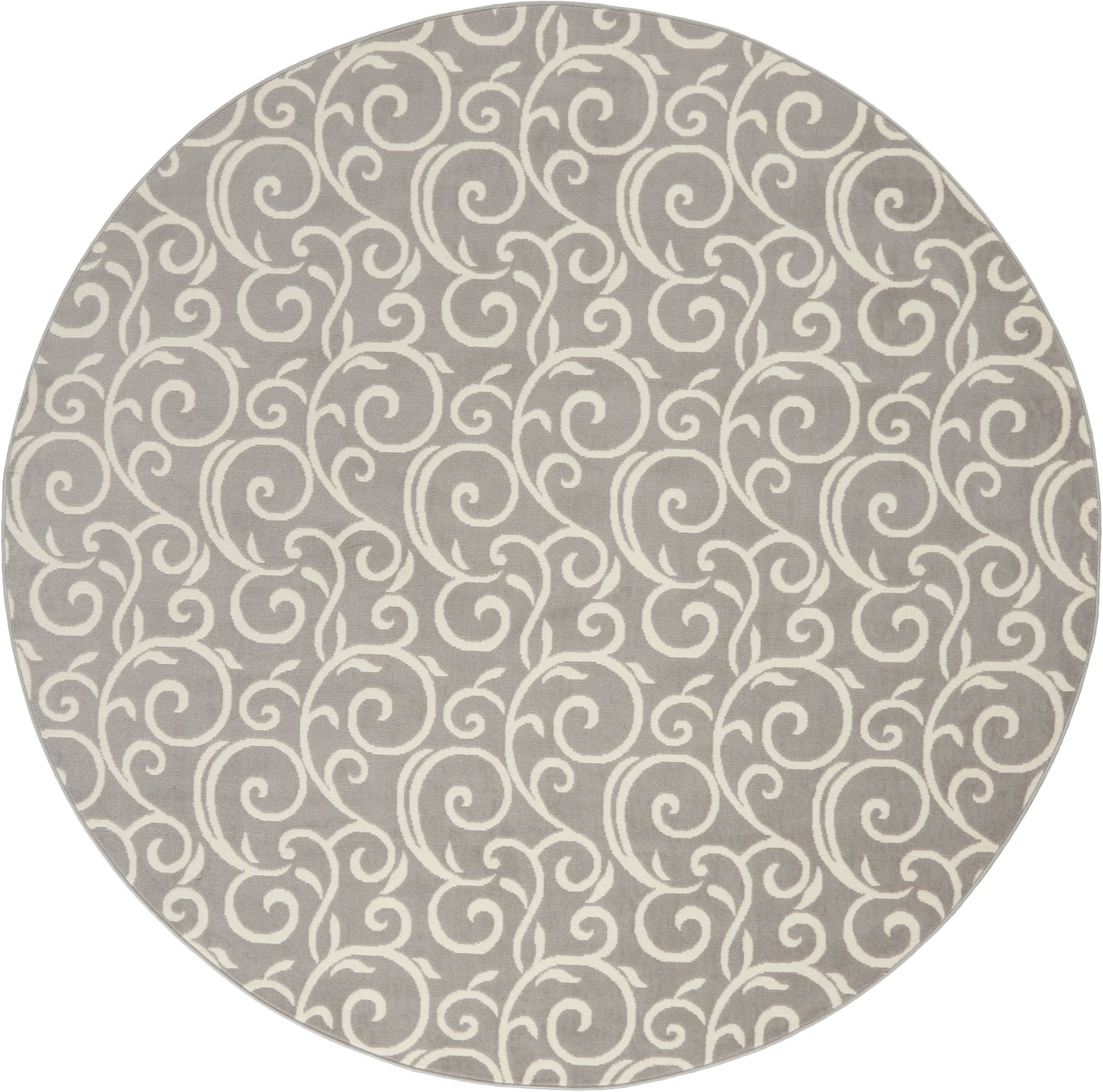 Round taupe rug with cream swirling scroll pattern; soft, durable decorative floor covering.