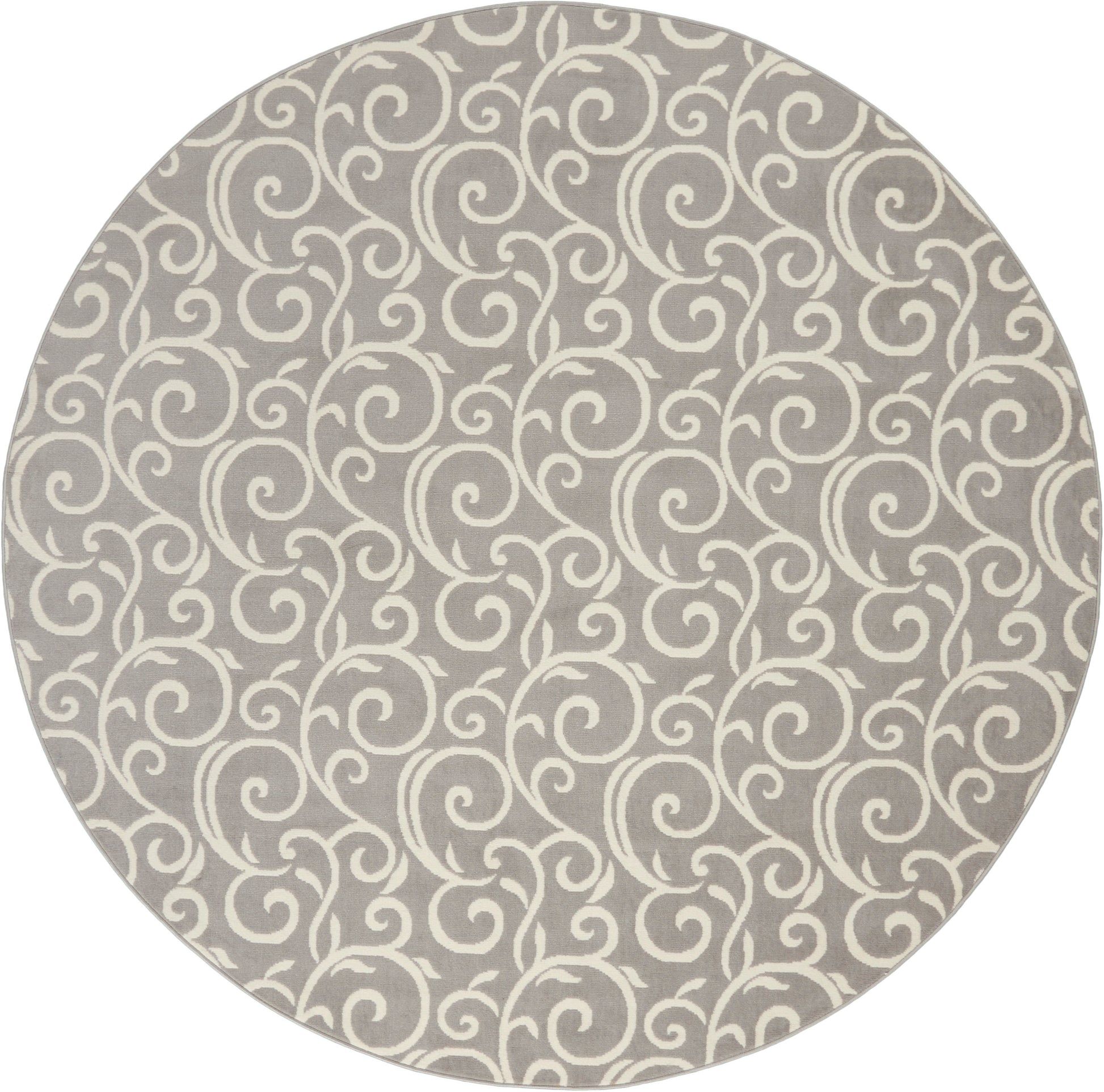 Round taupe rug with cream swirling scroll pattern; soft, durable decorative floor covering.