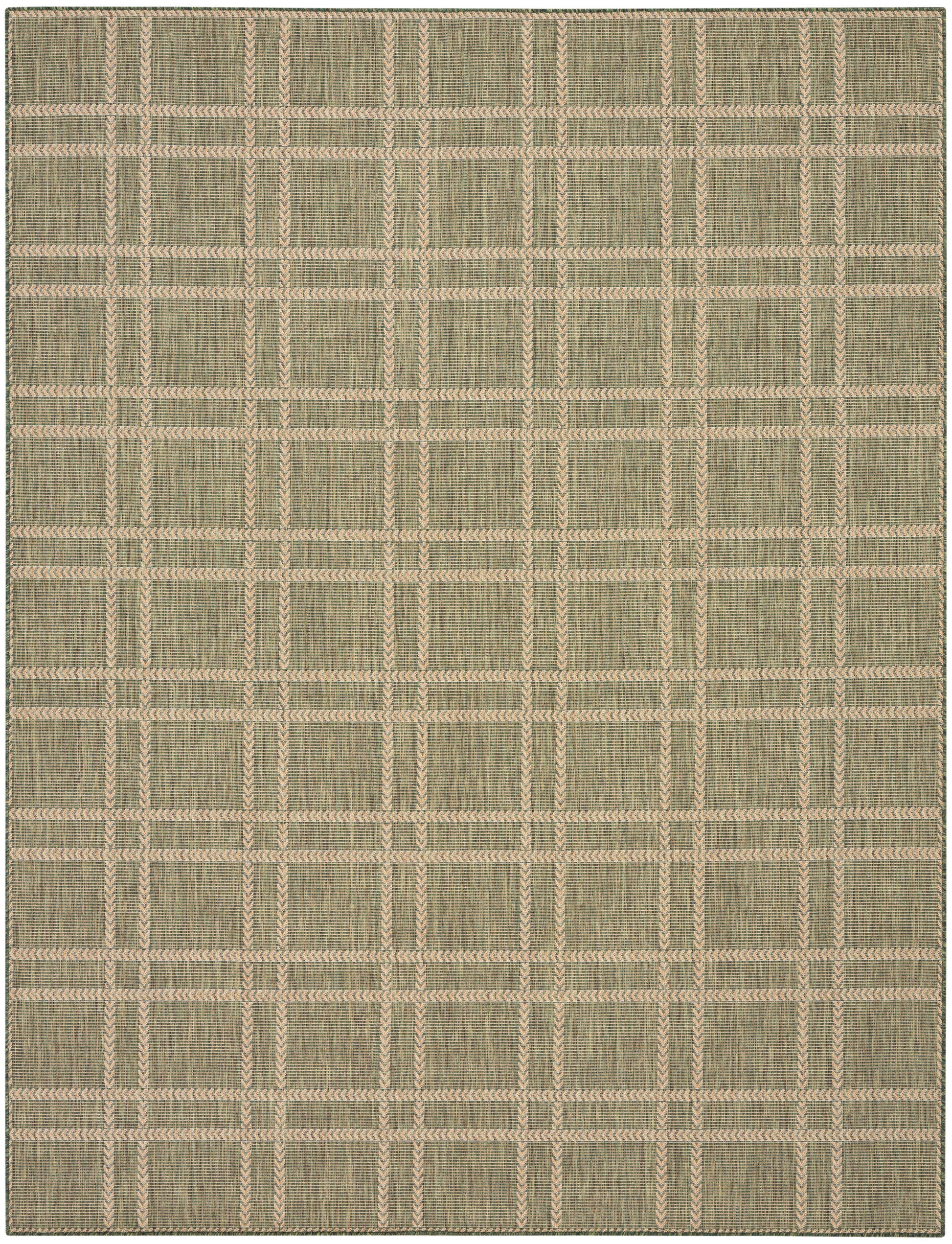 Rectangular woven rug with beige grid on olive backdrop; textured jute-like material; casual indoor decor.