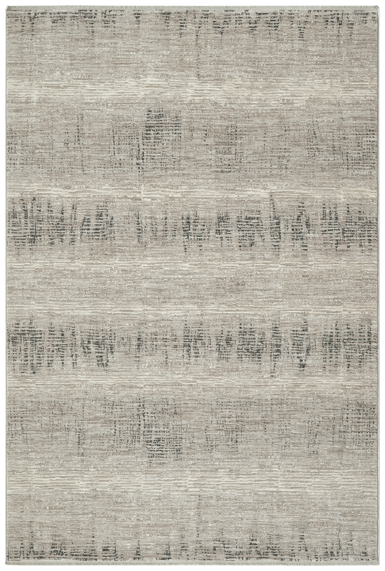 Beige distressed area rug with faded charcoal abstract lines; rectangular, soft neutral tones, vintage-modern style.