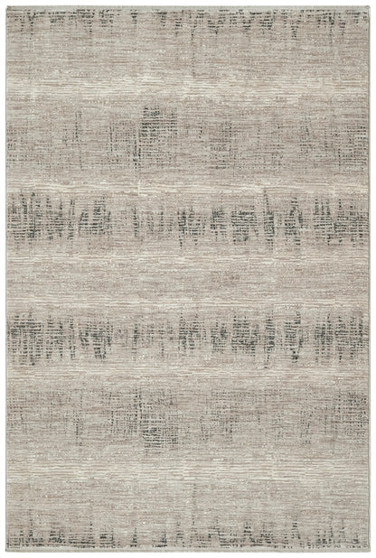 Beige distressed area rug with faded charcoal abstract lines; rectangular, soft neutral tones, vintage-modern style.