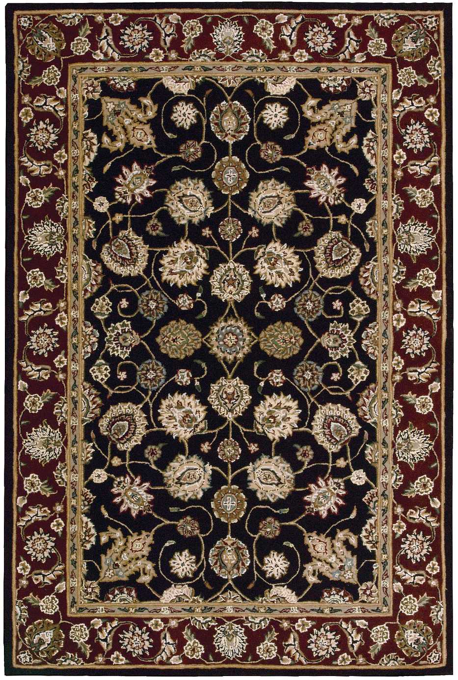 Decorative Persian-style oriental rug with black field, gold and cream floral motifs, and burgundy border.
