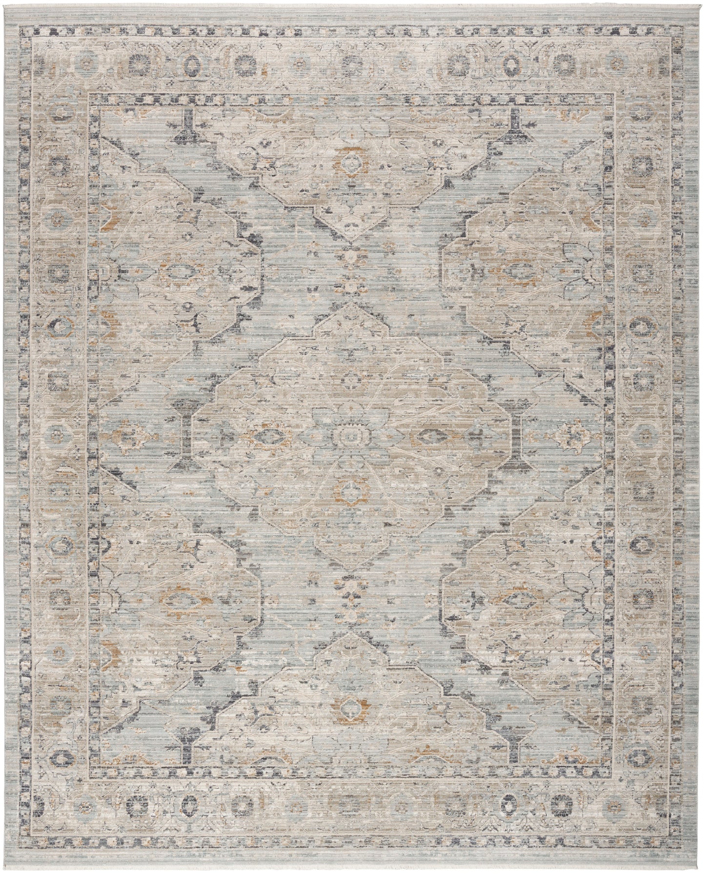 Soft blue & cream oriental area rug with a distressed vintage pattern, central medallion and decorative border.