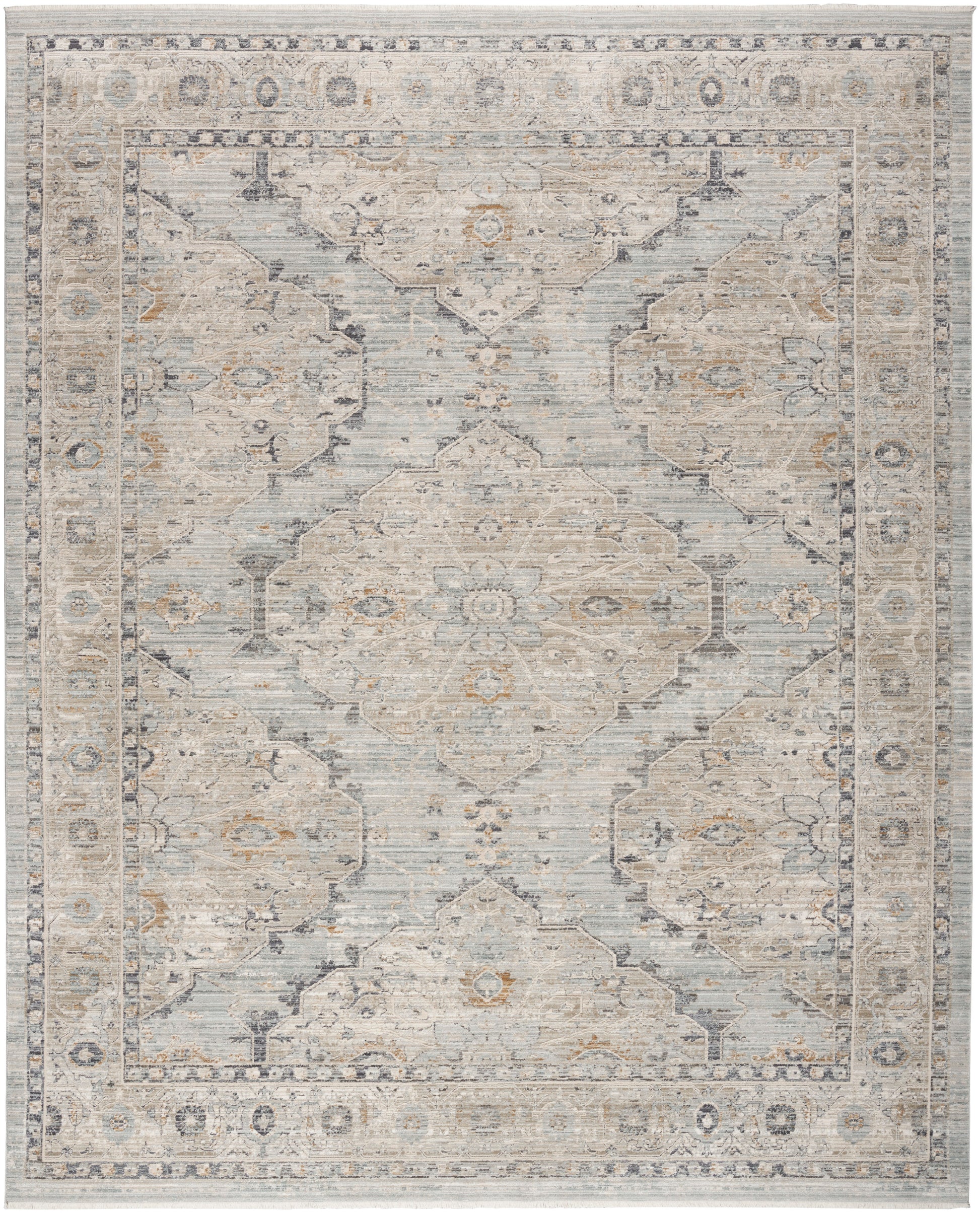 Soft blue & cream oriental area rug with a distressed vintage pattern, central medallion and decorative border.