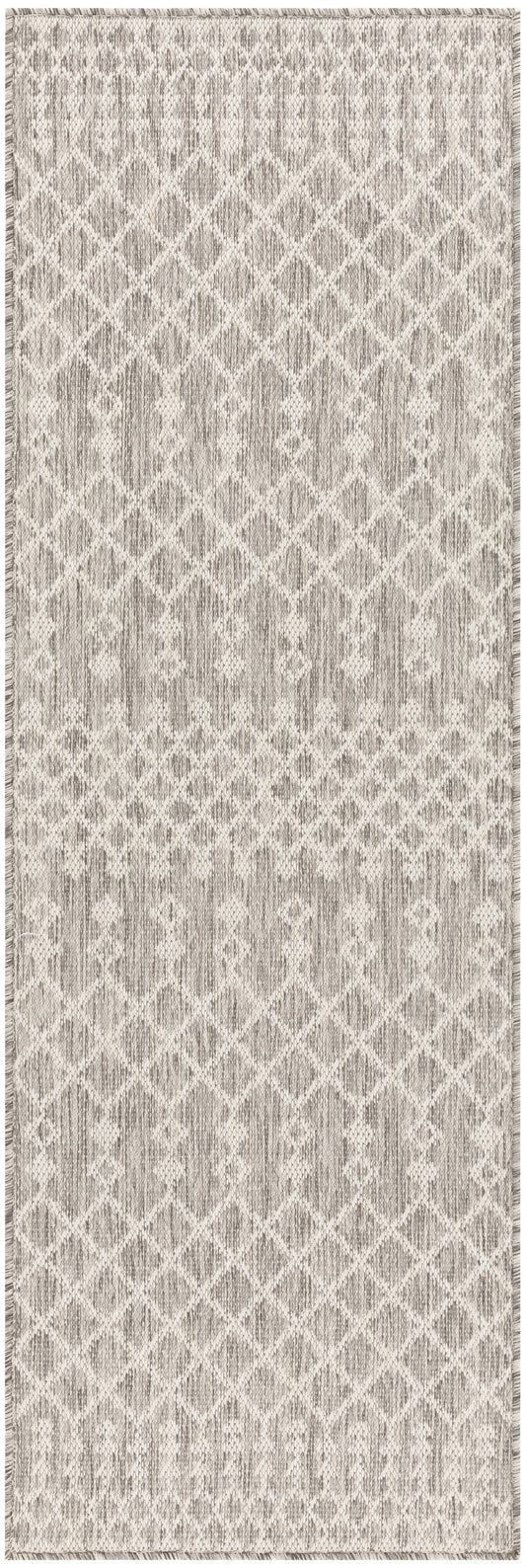 Neutral gray and ivory runner rug featuring a diamond lattice pattern and fringed ends.