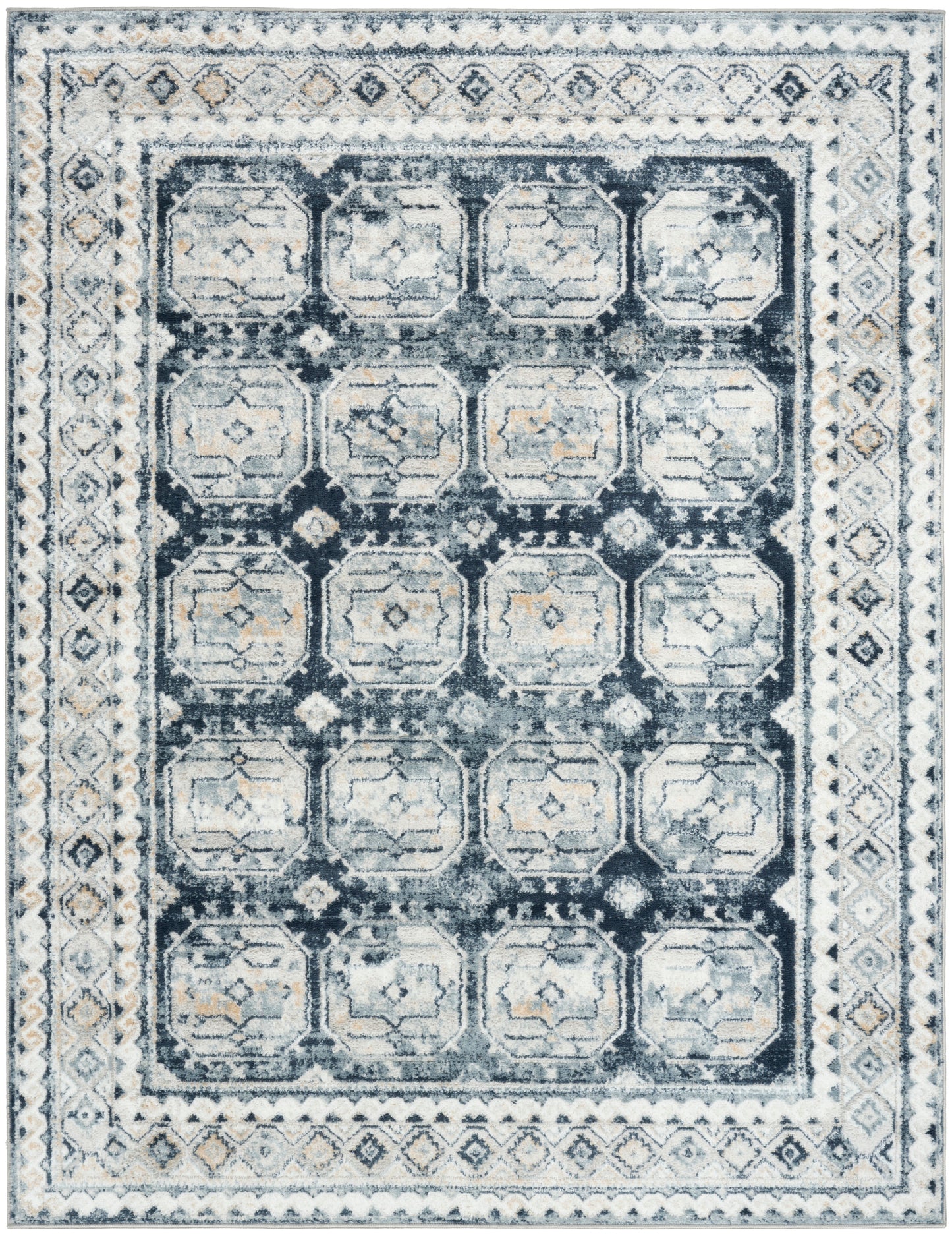 Blue and ivory vintage-style rug, 5' x 7', with a distressed look featuring a grid of repeating octagonal medallions and patterned borders.