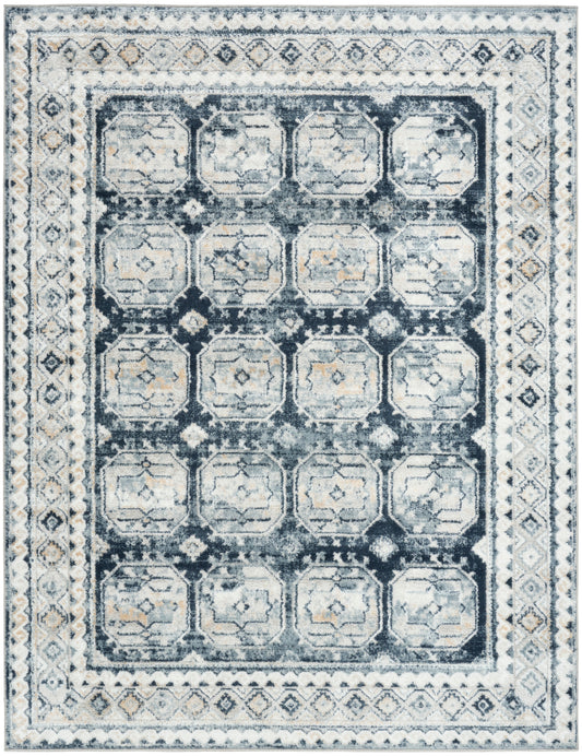 Blue and ivory vintage-style rug, 5' x 7', with a distressed look featuring a grid of repeating octagonal medallions and patterned borders.