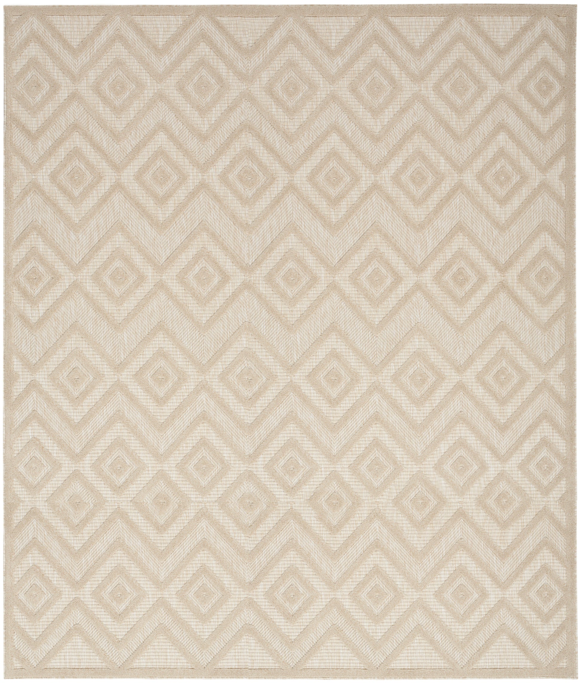 Beige geometric rug with stacked diamond lattice pattern; soft woven texture, neutral modern style.