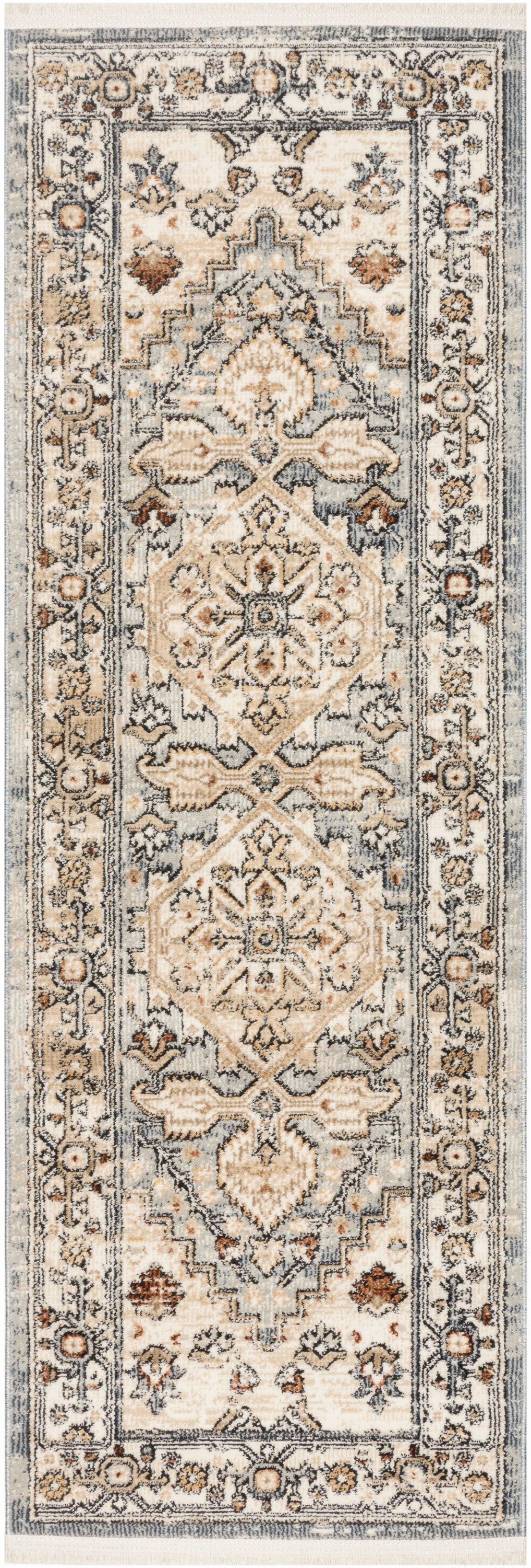 Beige Oriental runner rug with blue-gray border, stacked medallions and floral border; tassel fringe at ends; 6 ft runner.