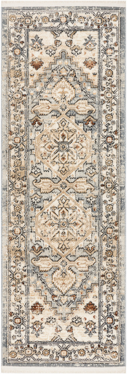 Beige Oriental runner rug with blue-gray border, stacked medallions and floral border; tassel fringe at ends; 6 ft runner.