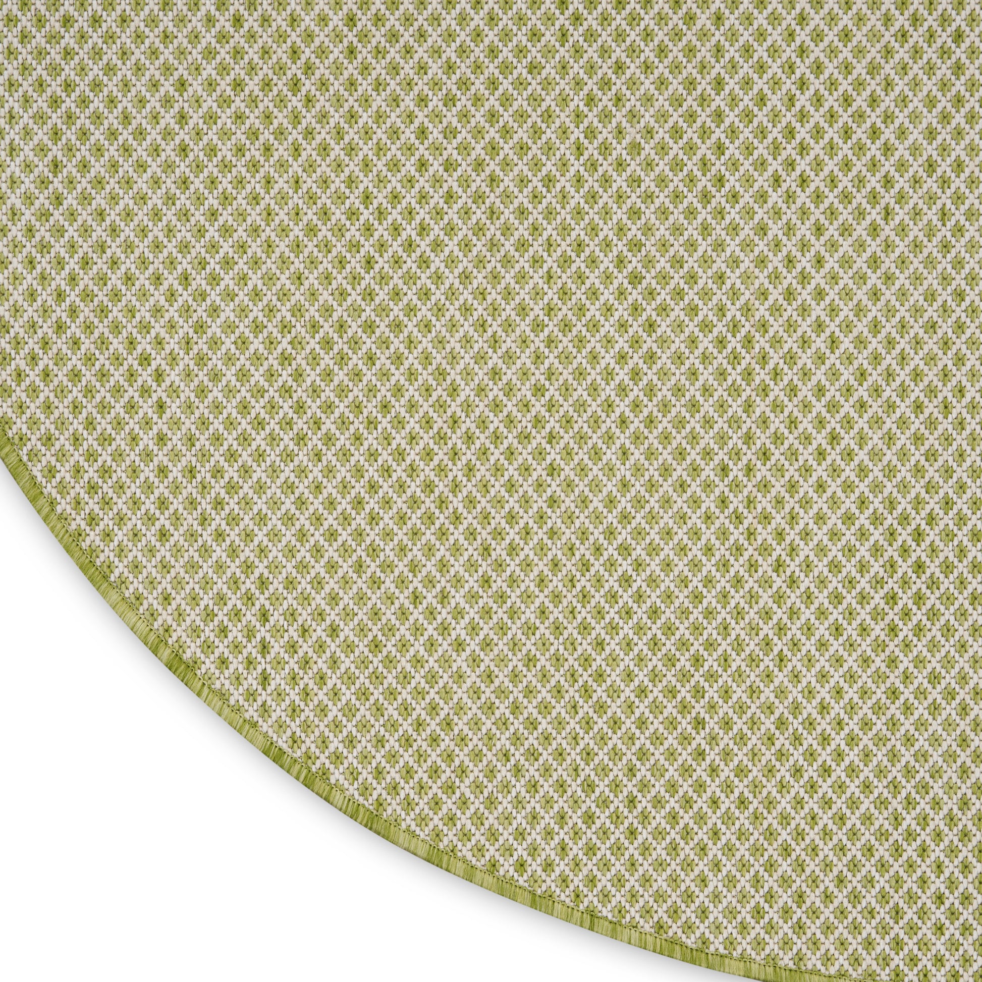 Round olive-green rug with a tiny white lattice pattern; woven texture, curved edge, 5' diameter, modern home decor.