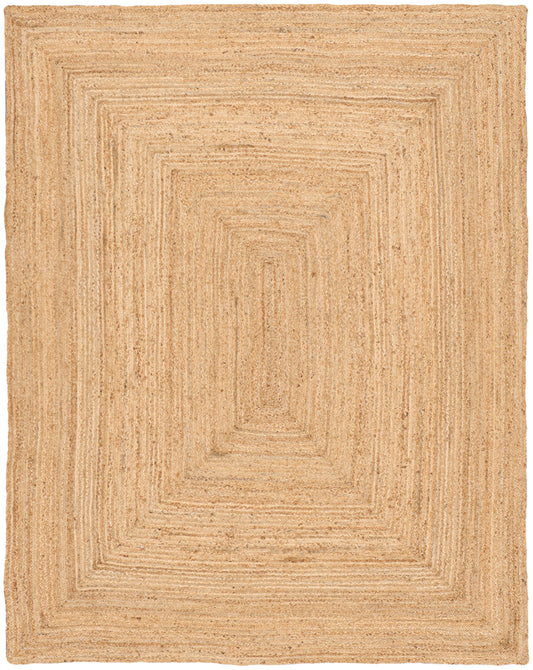 Natural jute rug with layered concentric rectangles in warm beige; geometric rectangular floor covering.