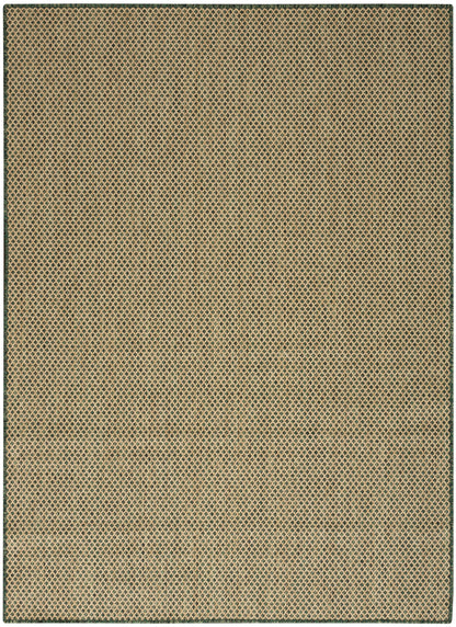 Rectangular beige woven rug with a subtle diamond lattice pattern in dark olive and a dark green border.