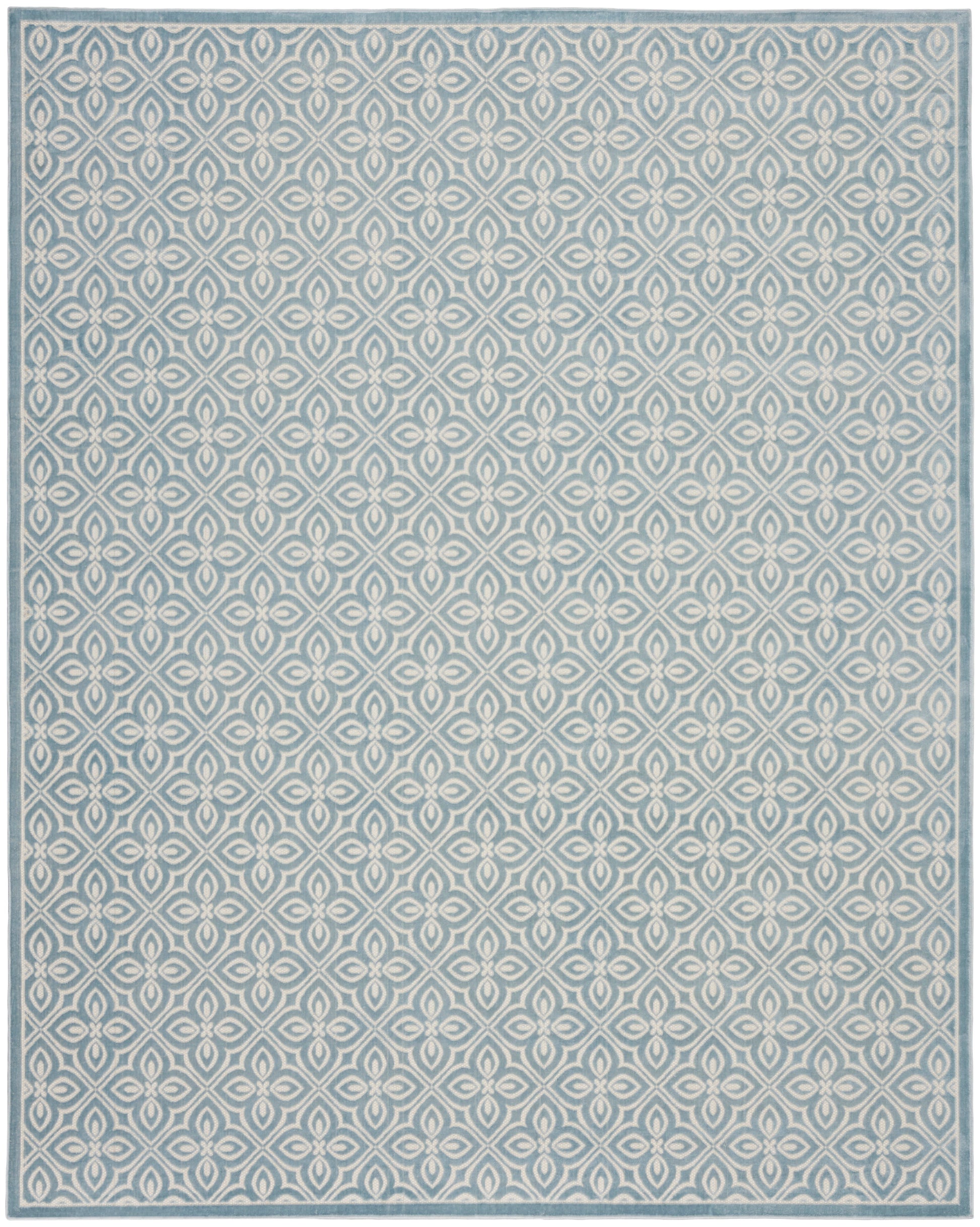 Rectangular rug with soft blue-gray background and ivory interlocking geometric lattice pattern.